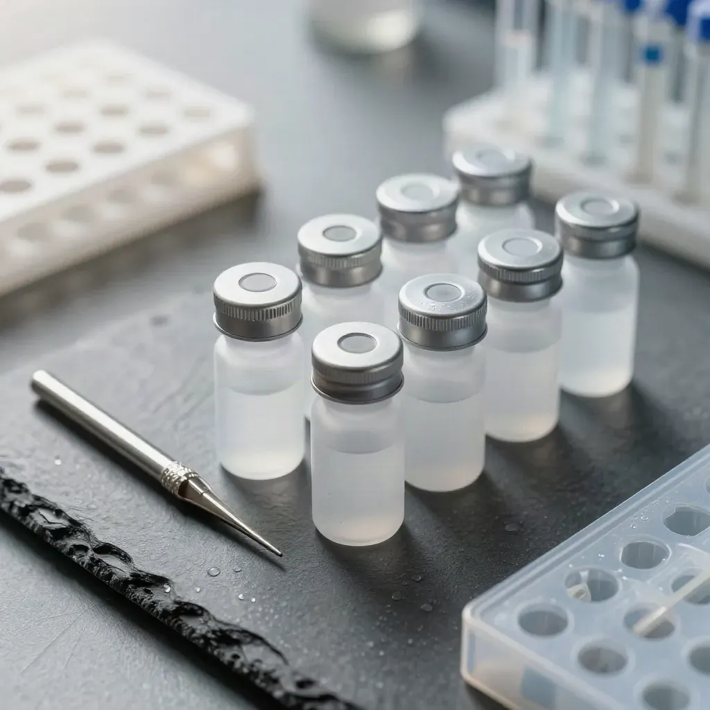 Frosted lab vials, open pipette tip rack, and sealed tray on grey stone in cool haze