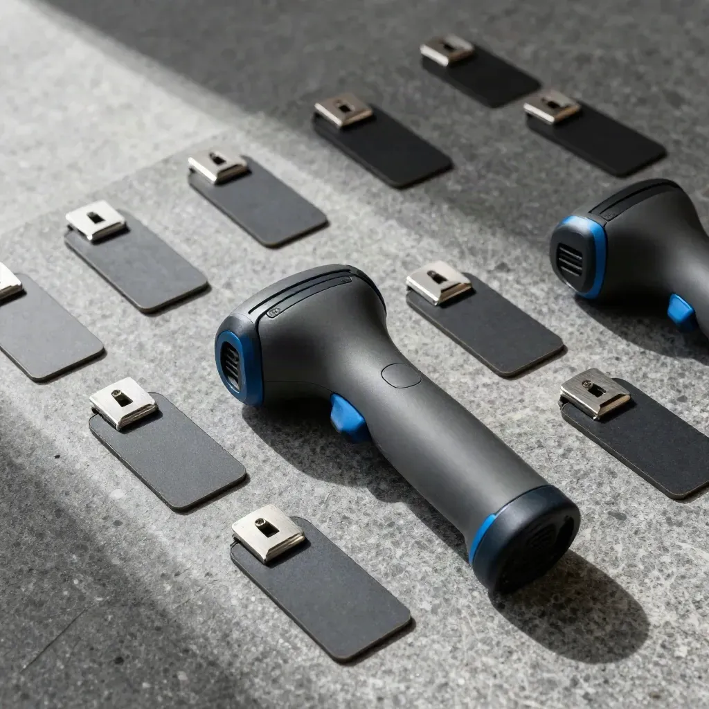 RFID tags, handheld scanner shell, and anti-theft clips on a stone surface.