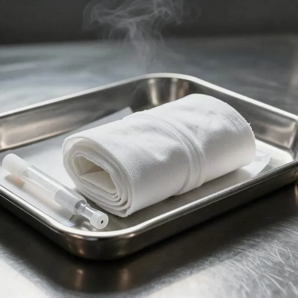 Stainless medical tray with rolled cuff fabric and capped ampoule carrier in soft side light.