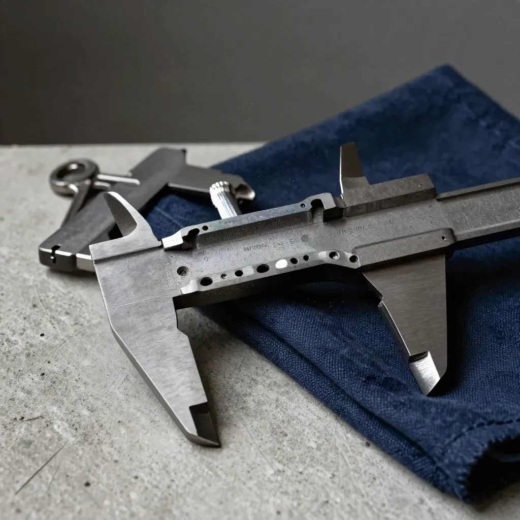 Steel calipers, iron casting and heat-scored clamps on pale concrete in workshop dust.