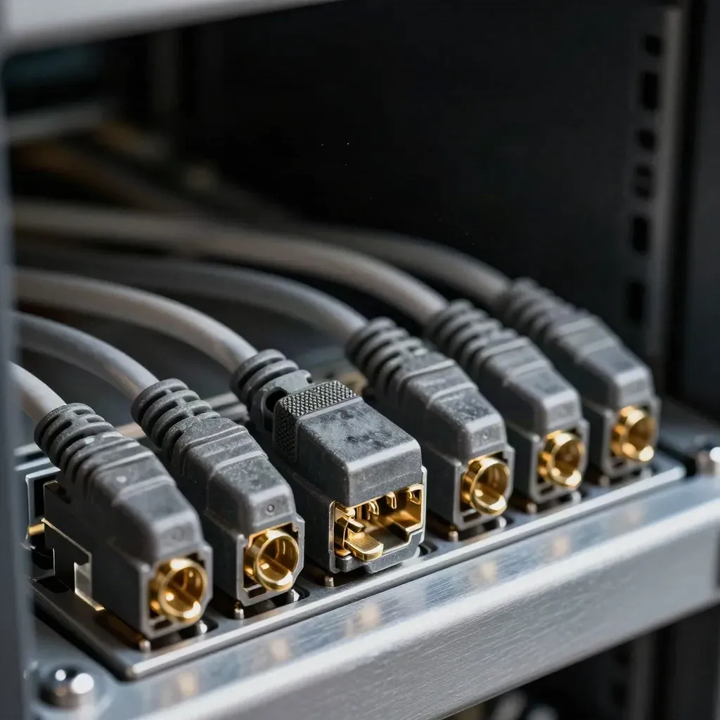 Macro of server patch plugs, cable loops, and a rack key on brushed metal with cool dust motes.