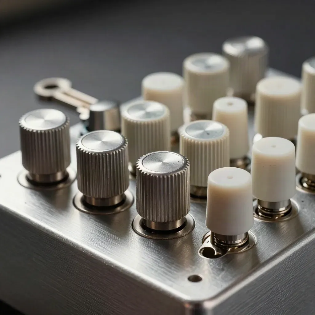 Industrial relay blocks and knurled knobs on brushed aluminium, lit dramatically in haze.