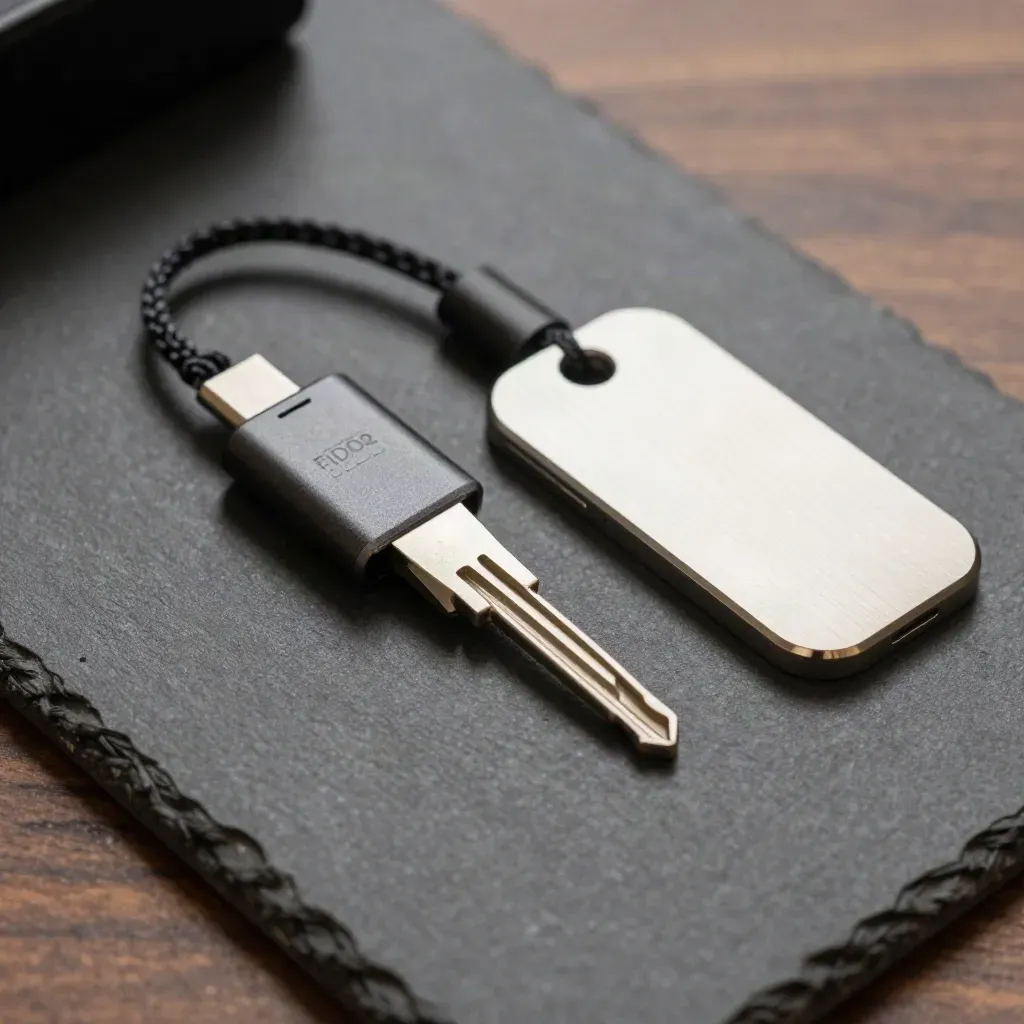 Top-down macro of a FIDO2 key, USB-C cap, and token sleeve on stone.
