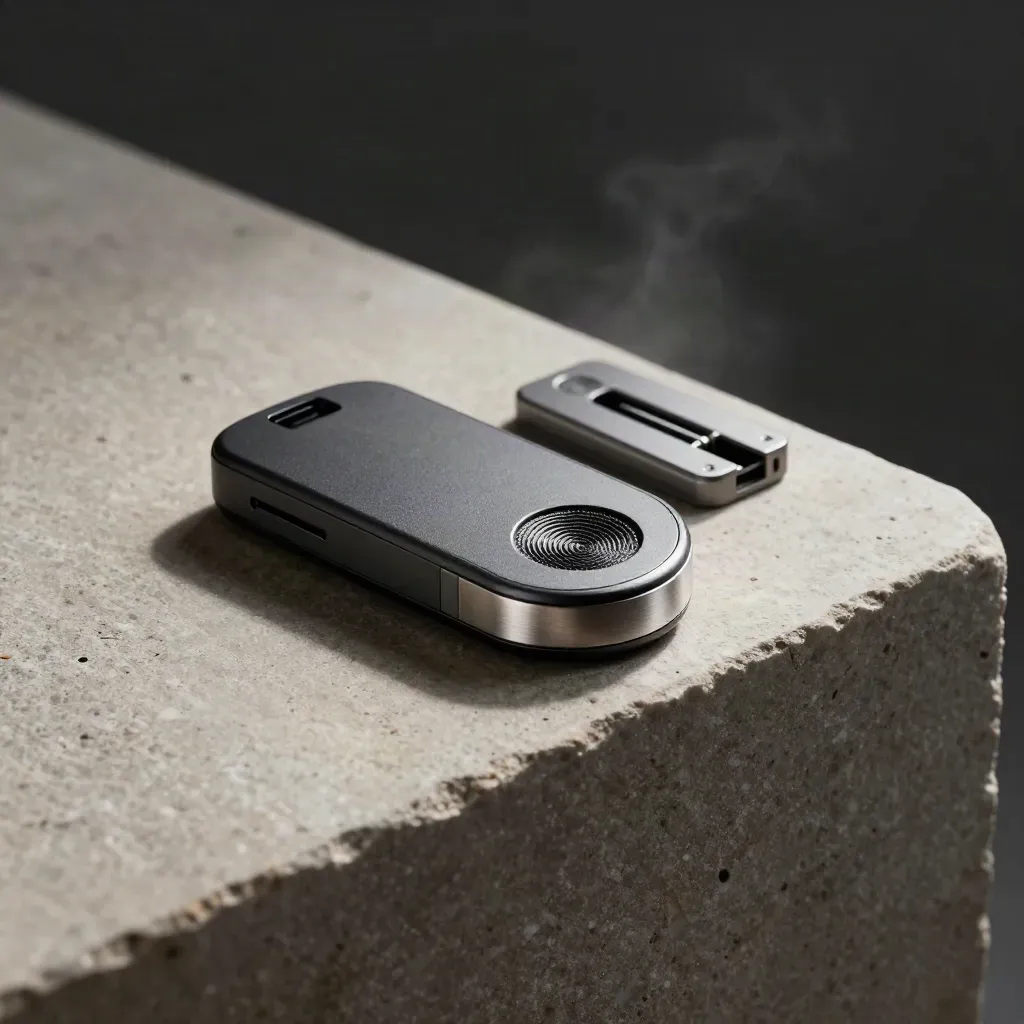 Fingerprint reader puck with passkey fob and dock on stone under hard upper-left light.