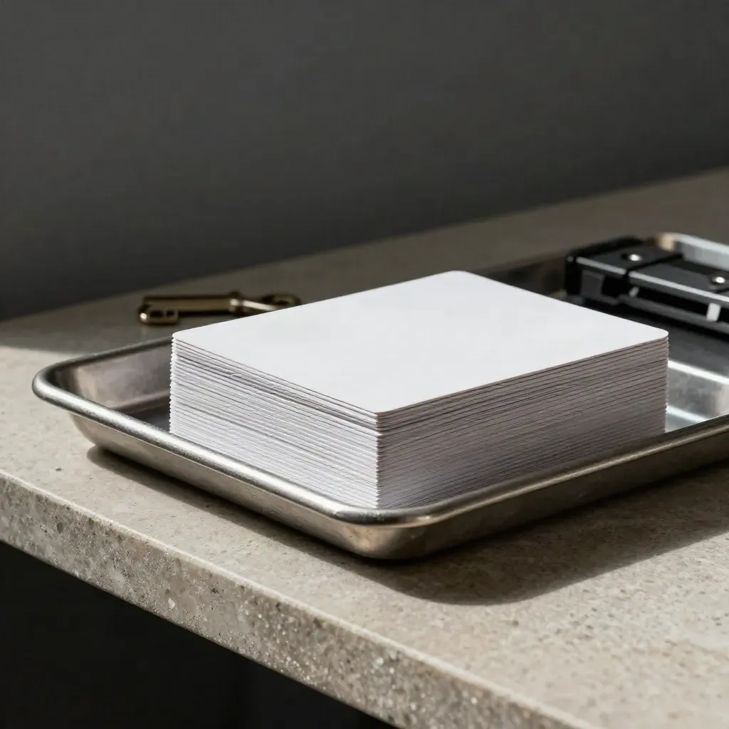 Access cards, sorting tray, and fob rail stacked in a dim secure provisioning workspace.