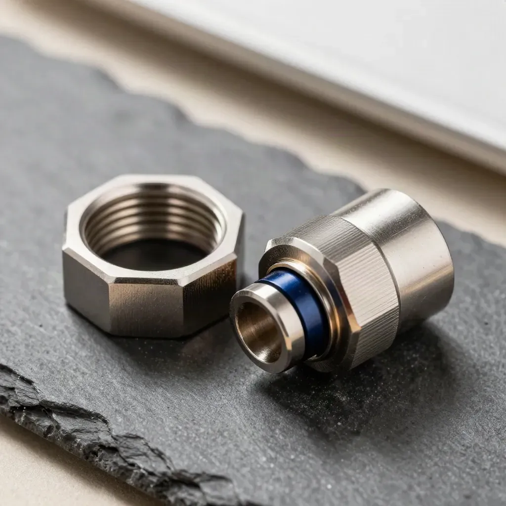 Top-down macro of precision adapters, split ring and coupling sleeve on graphite stone.
