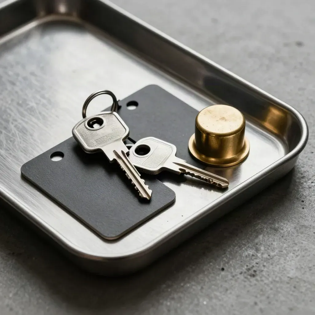 Brushed audit tray with security keys, card fobs, and a brass tamper seal in hard side light.