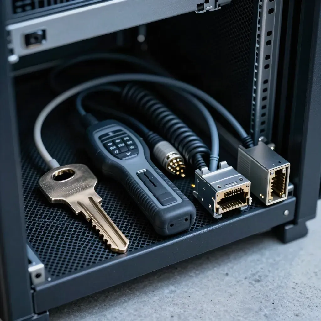 Rack key, cable tester, patch leads, and a network module beside an open server cabinet.