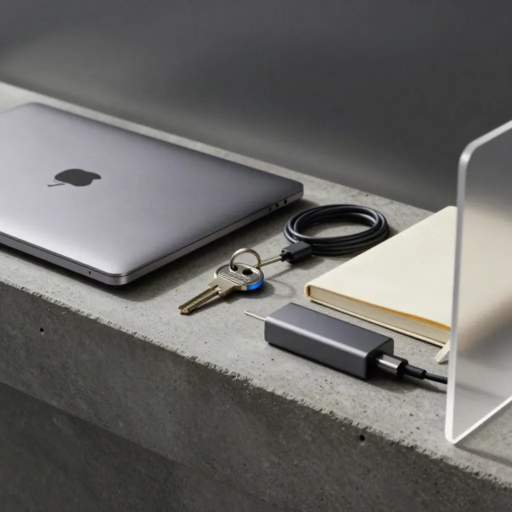 Closed ultrabook, security keys, charger and notebook on concrete, seen through acrylic divider.