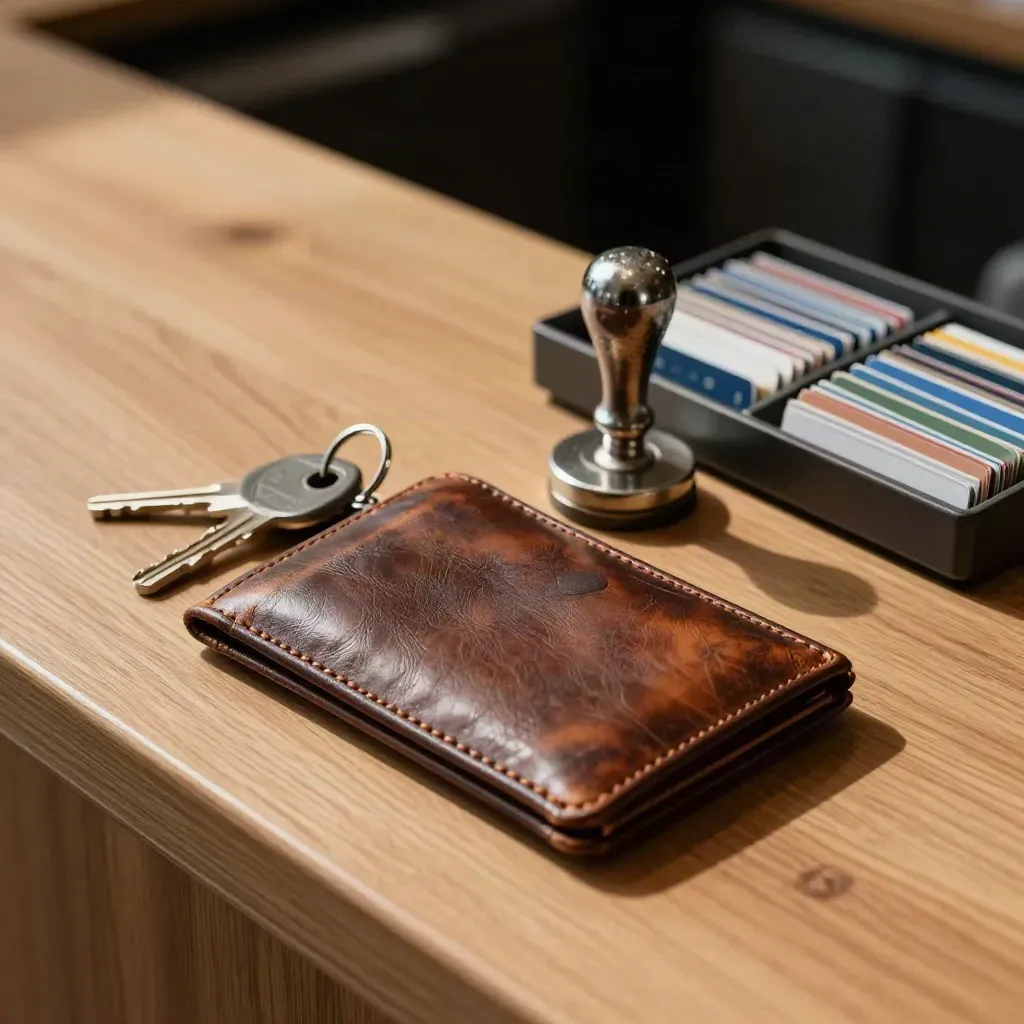 Leather access-card wallet, office keys, metal stamp and card tray on oak under slanting light.