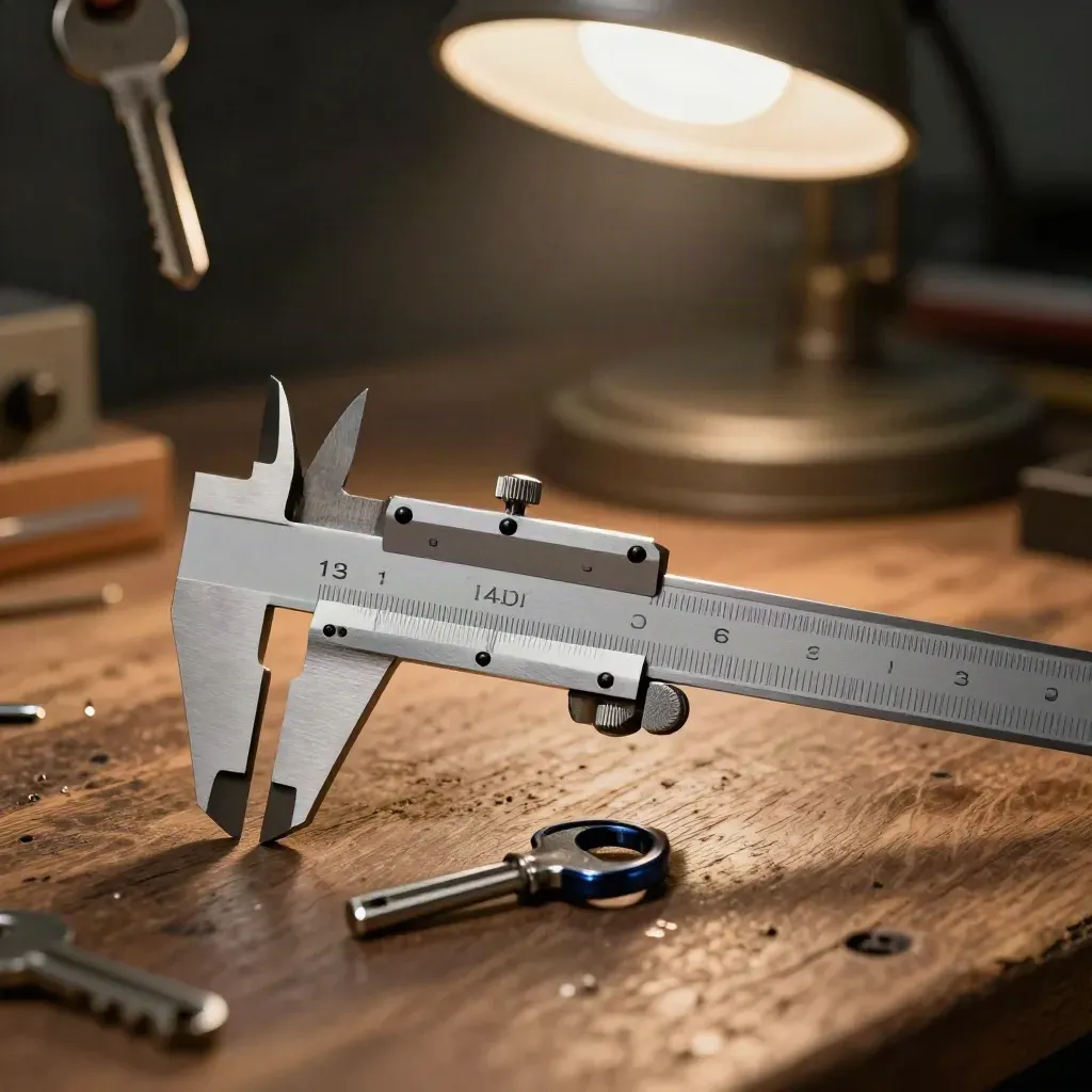 Calipers, machined bracket and token key on a walnut workbench in moody workshop light.