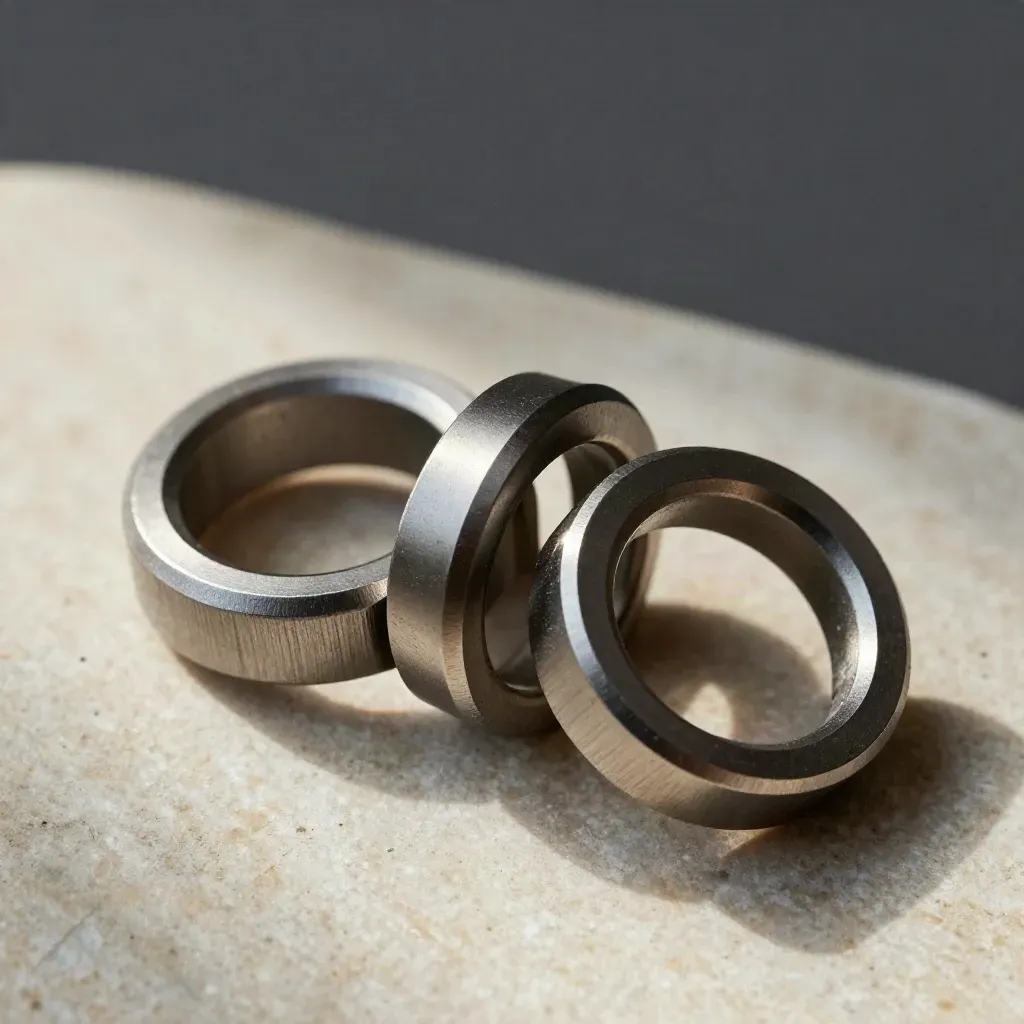 Overhead macro of interlocked metal rings, connector block and spacer on stone
