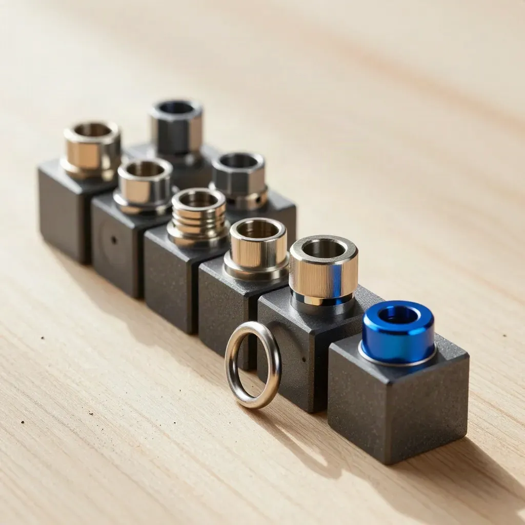 Overhead still life of modular blocks, rings, and connector caps on pale wood