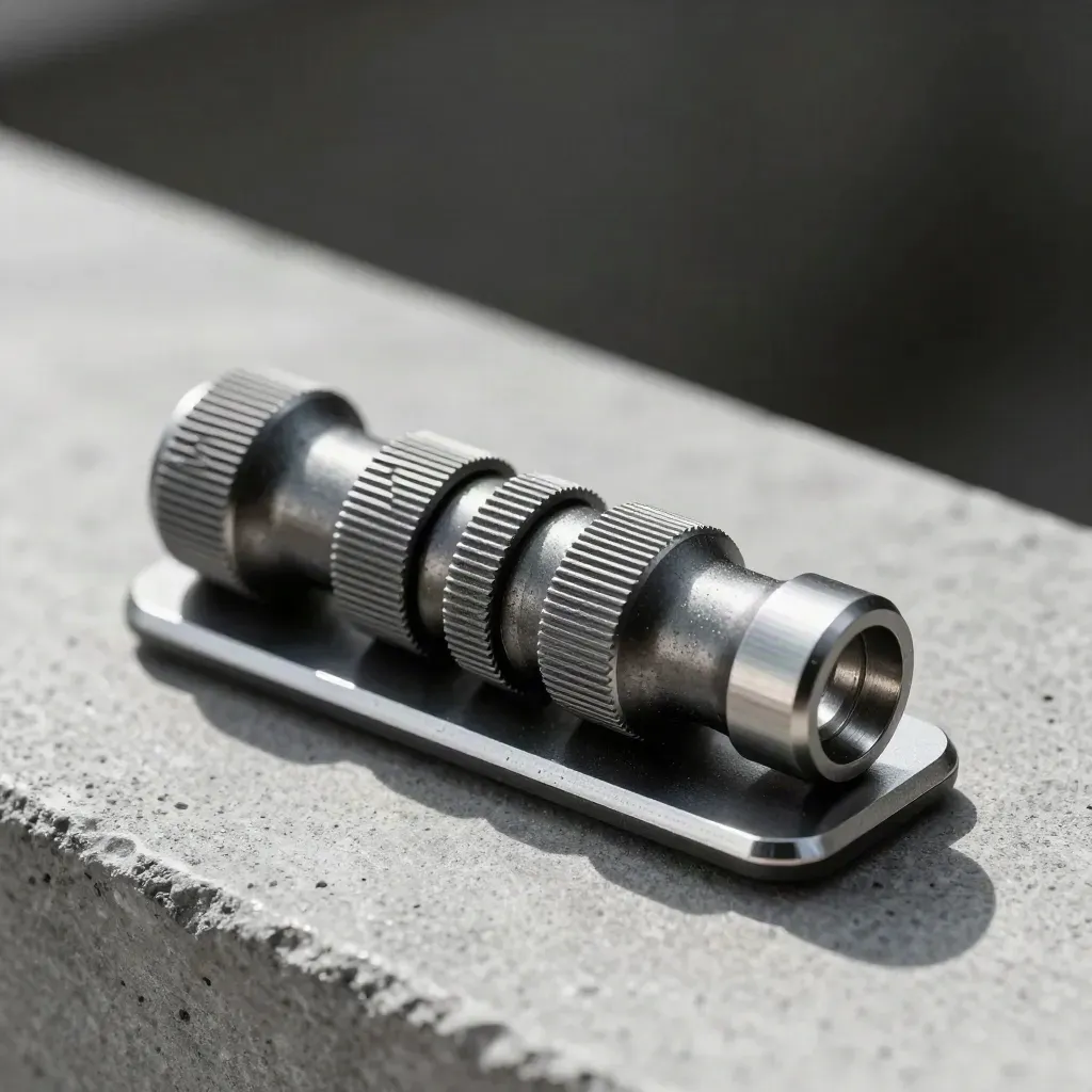 Graphite connector shells joined by a knurled bridge on cool concrete, close-up